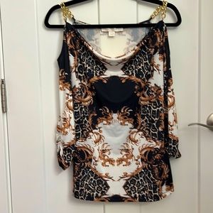 Boston Proper cold shoulder blouse with gold chain straps
